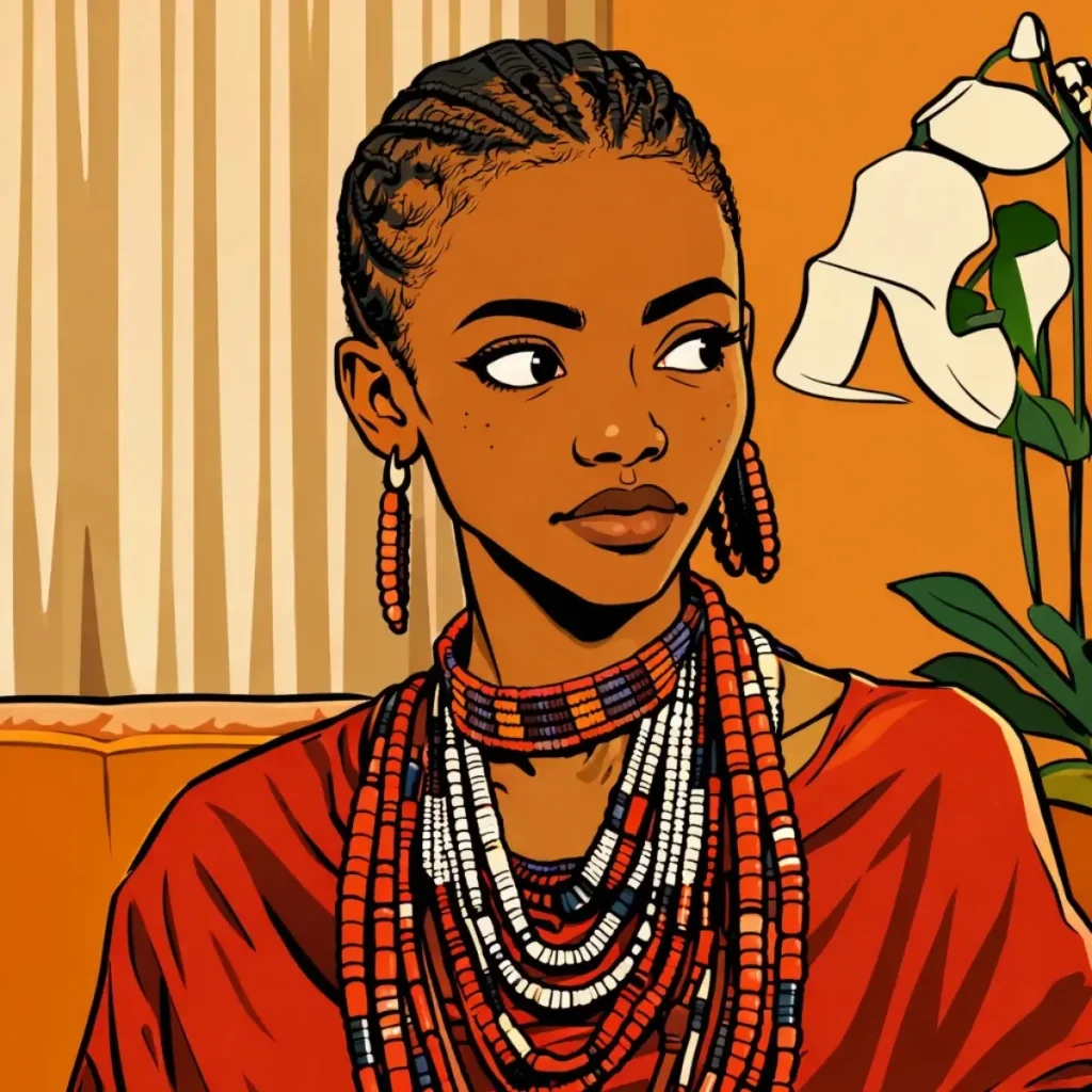 Illustrated portrait of Auntie Naramat, a perceptive family figure whose questions and expectations quietly influence Kendi’s choices in the Kendi Unfiltered series