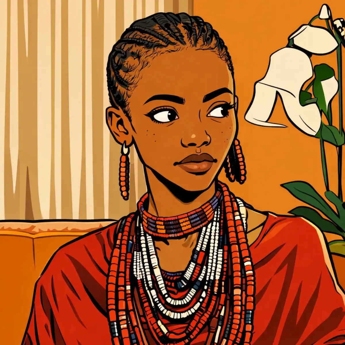 Illustrated portrait of Auntie Naramat, a perceptive family figure whose questions and expectations quietly influence Kendi’s choices in the Kendi Unfiltered series