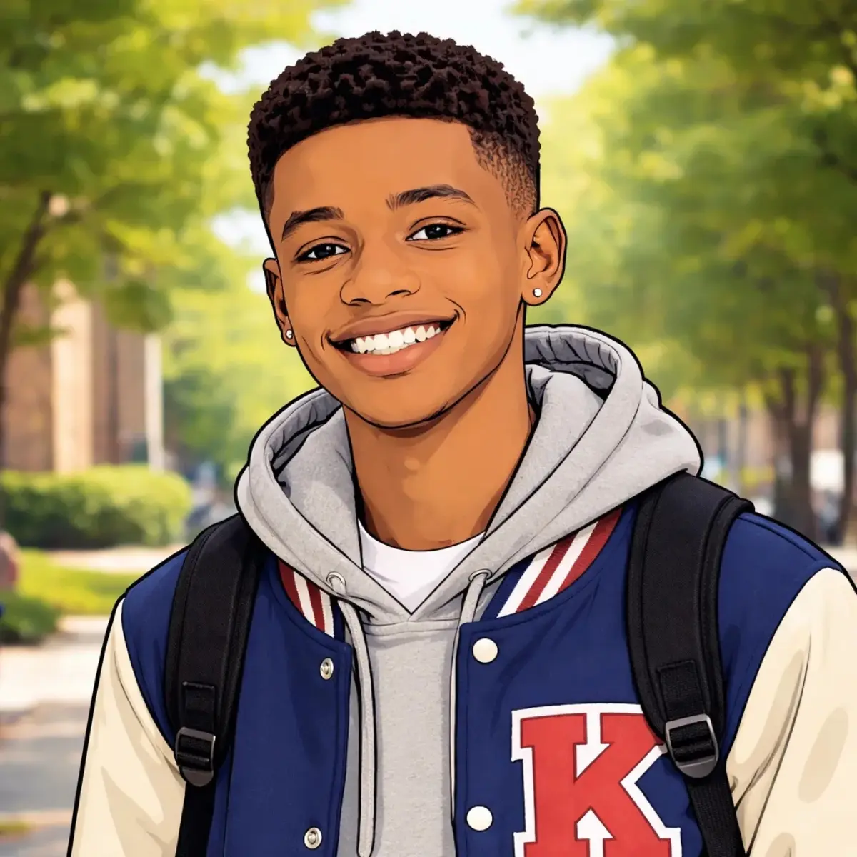 Illustrated portrait of Benji, Kendi’s older brother in the Kendi Unfiltered YA series, known for his loud energy, teasing humor, and chaotic presence at home